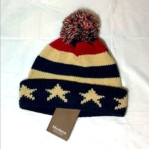 Modena New York Knit Winter Beanie Red Cream Blue